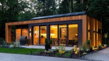 Modern Eco Friendly Cabin with Solar Panels at Night Illuminated Wooden Exterior Design photo