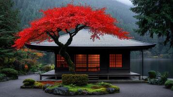 Serene Japanese Garden House with Vibrant Red Maple Tree near Calm Lake in Autumn photo