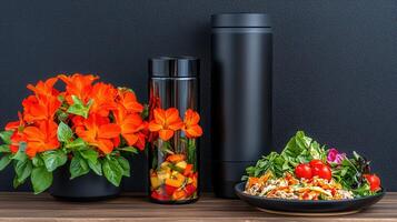 Healthy Meal Prep Fresh Salad and Fruit Infused Water in Stylish Containers photo
