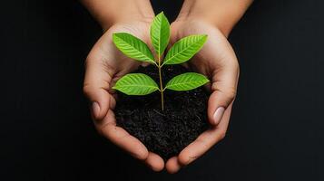 Hands Gently Holding a Young Plant Sprout in Rich Soil a Symbol of New Growth and Environmental Care photo