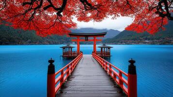 Serene Autumn Lake View with Red Torii Gate and Wooden Bridge Stunning Japanese Landscape photo