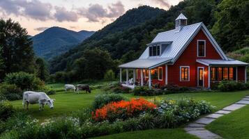 Charming Red Farmhouse at Dusk with Cows Grazing on Lush Green Pasture in Mountain Valley photo