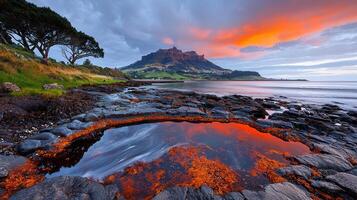 Stunning Coastal Sunset Landscape Dramatic Sky over Rocky Coastline and Ocean Tide Pool reflecting fiery colors photo