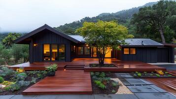 Modern Black House with Spacious Wooden Deck and Landscaped Garden at Dusk photo