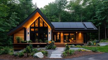 Modern Eco Friendly House with Solar Panels at Dusk in Wooded Area photo