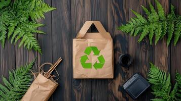 Eco Friendly Paper Bag with Recycle Symbol Surrounded by Lush Green Ferns on Dark Wood Background photo