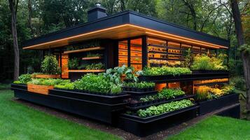 Modern Black Greenhouse with LED Lighting showcasing various herbs and plants growing in tiered planters photo