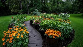 Serene Garden Path with Vibrant Orange and Purple Flowers in Potted Plants A Wooden Walkway Winds Through Lush Greenery photo