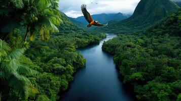 Lush Tropical Rainforest Landscape with River and Flying Parrot Stunning aerial view of vibrant green jungle foliage photo