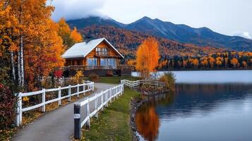 Peaceful Autumn Cabin by Lake Stunning Mountain View Fall Scenery Lakeside Log Home photo
