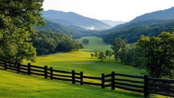 Serene Green Pasture Landscape Rolling Hills and Wooden Fence at Dawn photo