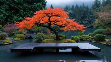 Serene autumnal Japanese garden scene featuring a vibrant red maple tree beside a tranquil pond and wooden deck photo