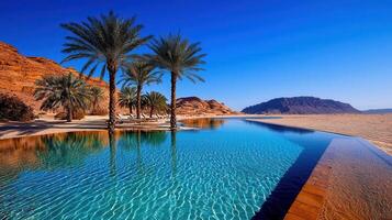 Stunning Desert Oasis Resort Infinity Pool with Palm Trees and Mountains Relaxing Luxury Getaway photo