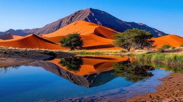 Stunning reflection of orange sand dunes and mountains in a tranquil desert oasis A breathtaking Namibian landscape photo