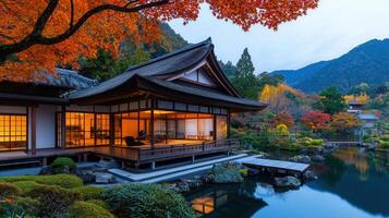 Serene Japanese House Autumn Garden Landscape Peaceful Pond Reflections Maple Trees photo
