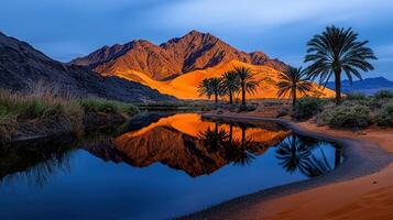 Serene Oasis Palm Trees Reflecting in Still Water Beside Dramatic Desert Mountains at Sunset photo