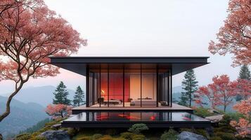 Modern Minimalist House Design with Koi Pond and Cherry Blossoms in Mountain Landscape photo