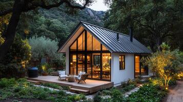 Modern Cabin Retreat Evening Lighting on a Wooden Deck in a Secluded Forest Setting photo