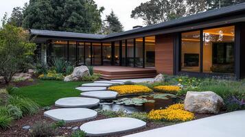 Modern House Exterior Design with Tranquil Garden Landscape and Stepping Stones Pathway photo