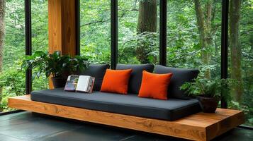 Serene Daybed in Modern Sunroom Overlooking Lush Green Forest Relaxing Interior Design photo