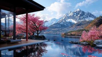 Serene Lakeside House with Blooming Cherry Trees and Mountain View Peaceful Modern Architecture Design photo