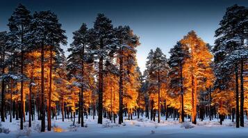 Majestic Winter Forest Scene Golden Hour Sunlight Illuminates Snow Covered Pine Trees photo