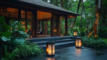 Serene Tropical Villa Entrance at Dusk with Illuminated Lanterns and Lush Greenery photo