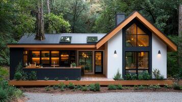 Modern Cabin Home Design in Wooded Area with Tree Growing Through Roof Stylish Architecture photo