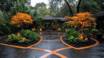 Illuminated Autumnal Landscape Design Featuring Japanese Maple Trees and a Modern Home Entrance photo