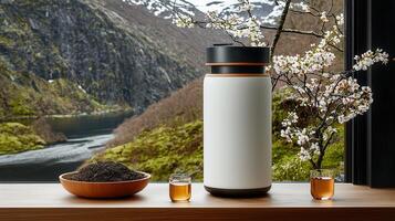 Serene Tea Ceremony Loose Leaf Tea Brewing Beside Scenic View and Blossoming Branches photo