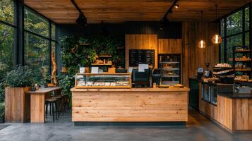 Rustic Wooden Cafe Interior Design with Greenery and Large Windows photo