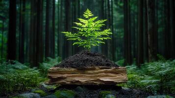 Lush Green Fern Sprout Growing on Old Wood in a Dark Forest New Life and Nature Regeneration Concept photo