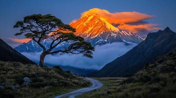 Majestic Sunset over Snowy Mountain Peaks with Lone Tree and Winding Path Scenic Landscape photo