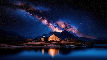 Modern Lakeside Cabin Illuminated at Night Under a Breathtaking Milky Way Galaxy Starry Sky over Majestic Mountains photo