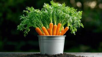 Freshly Harvested Organic Carrots in a Metal Pot Healthy Vegetable Garden Produce photo
