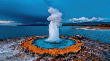 Majestic Ocean Geyser Erupts Powerful Water Steam Dramatic Coastal Landscape photo