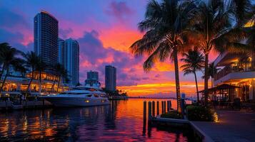 Stunning Sunset over City Skyline Luxury Yacht Docked at Waterfront Restaurant Palm Trees photo