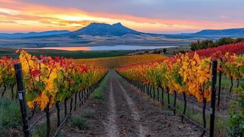 Stunning Autumn Vineyard Landscape at Sunset Colorful Grape Vines Rows Mountain Background photo