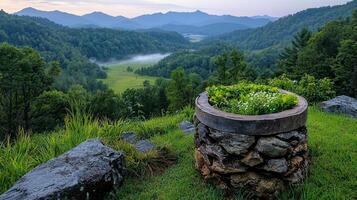 Serene Mountain Vista Stone Planter with Flowers overlooking a breathtaking valley landscape at dawn photo