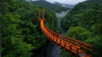 Scenic Wooden Suspension Bridge Over Lush Green Forest River Valley Tranquil Nature Escape photo
