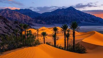 Majestic Desert Landscape Golden Sand Dunes meet Dramatic Mountains at Sunset Palm Trees and tranquil scenery photo