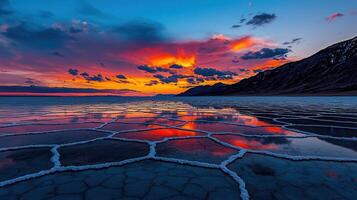 Stunning Sunset over a Salt Flat Landscape with Vibrant Colors and Geometric Patterns photo