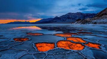 Dramatic Sunset over Vibrant Salt Flats and Mountain Range Stunning Landscape photo