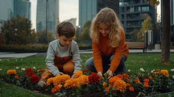 Two Young Children Planting Orange Flowers in a City Park Autumn Day Gardening photo