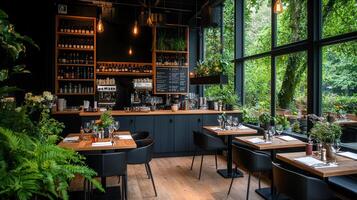 Modern Restaurant Interior Design Stylish Wooden Tables and Chairs near Large Windows with Greenery photo