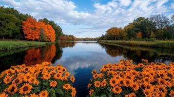 Serene Autumn Landscape Sunflowers Bloom by a Calm Lake with Vibrant Fall Foliage Reflecting in the Water photo