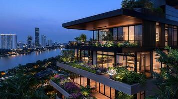 Luxurious Modern Penthouse Apartment with Stunning City Skyline Night View and Private Rooftop Garden photo