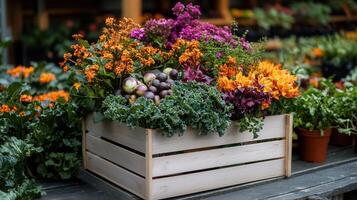Vibrant Autumn Flowers and Fresh Vegetables in Wooden Crate Market Display photo