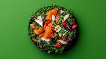 Delicious Salmon Salad with Pears Tomatoes and Mixed Greens Healthy Food Concept photo