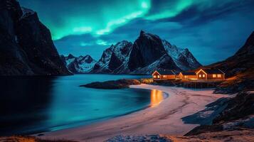 Serene Night Scene of Illuminated Cabins on a Secluded Beach with Stunning Aurora Borealis and Majestic Mountains photo